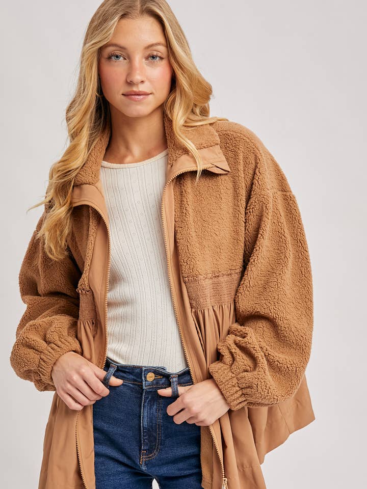 FLEECE CONTRAST ZIP-UP FRONT BABYDOLL JACKET for wholesale by Bluivy