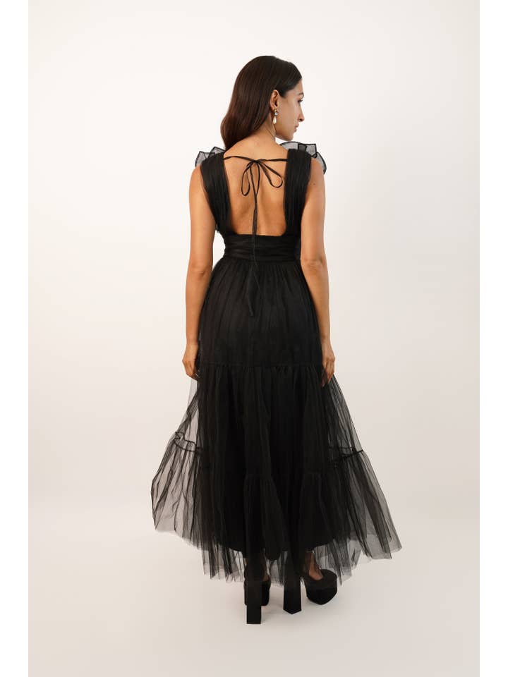 Chana Plunge Corsage Maxi Dress in Black for wholesale on Faire