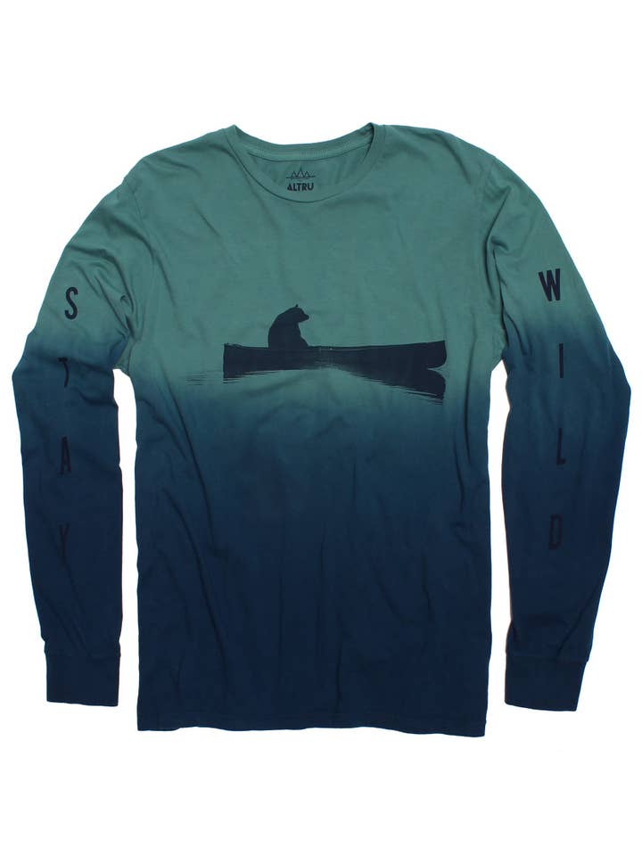 Green Blue Up a Creek Bear in a Canoe Dip-Dye long sleeve graphic tee for wholesale on Faire