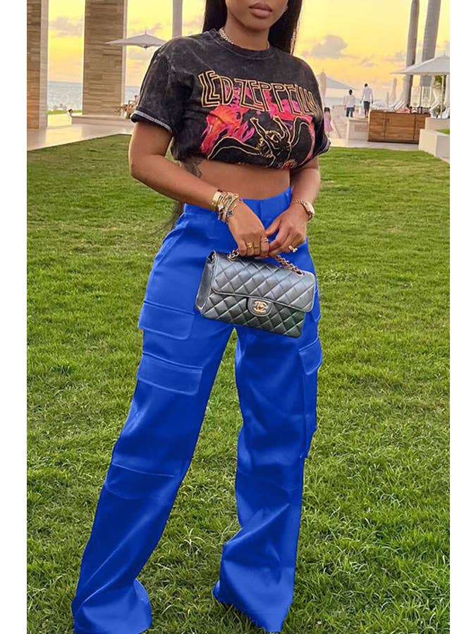 MB Fashion Wholesale - Wholesale Pants - Women's - MB FASHION High-Waisted Satin Cargo Pants Wide-Leg 7088LY2