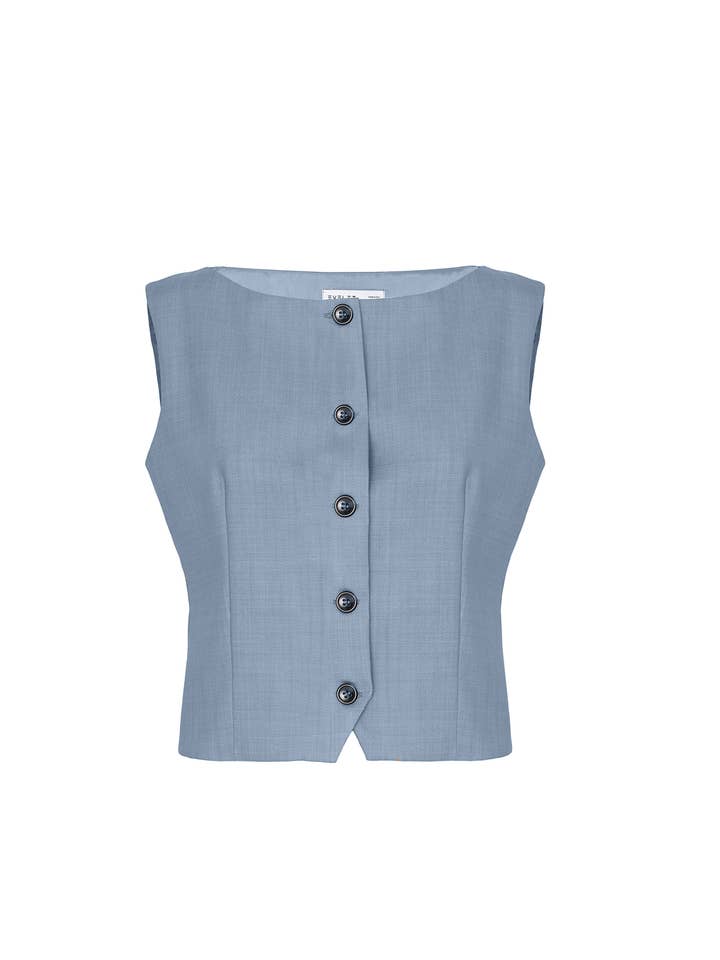 Gilet à encolure bateau en laine bleu céruléen pour la vente par Eyelet Milano