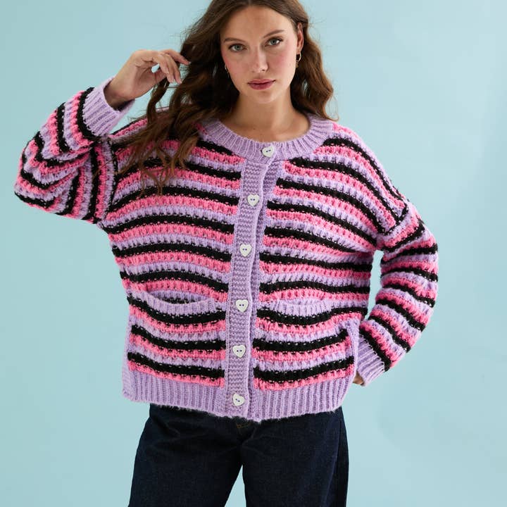 Cara & The Sky - Wholesale Cardigan - Women's - Bernice Stripe Cross Stitch Cardigan - Lilac2