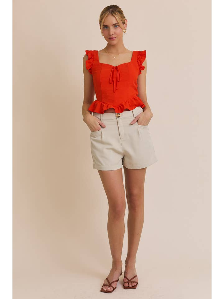 Rouge Haut à manches à volants avec encolure en cœur et nœud devant en vente sur Faire5