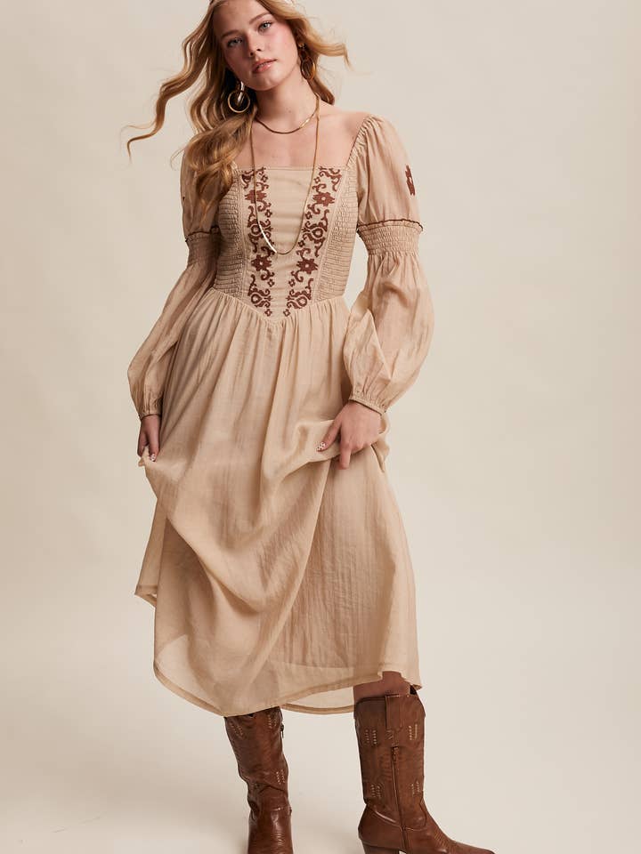 Embroidered Square Neck Puff Sleeve Maxi Dress LD1581 for wholesale by Listicle