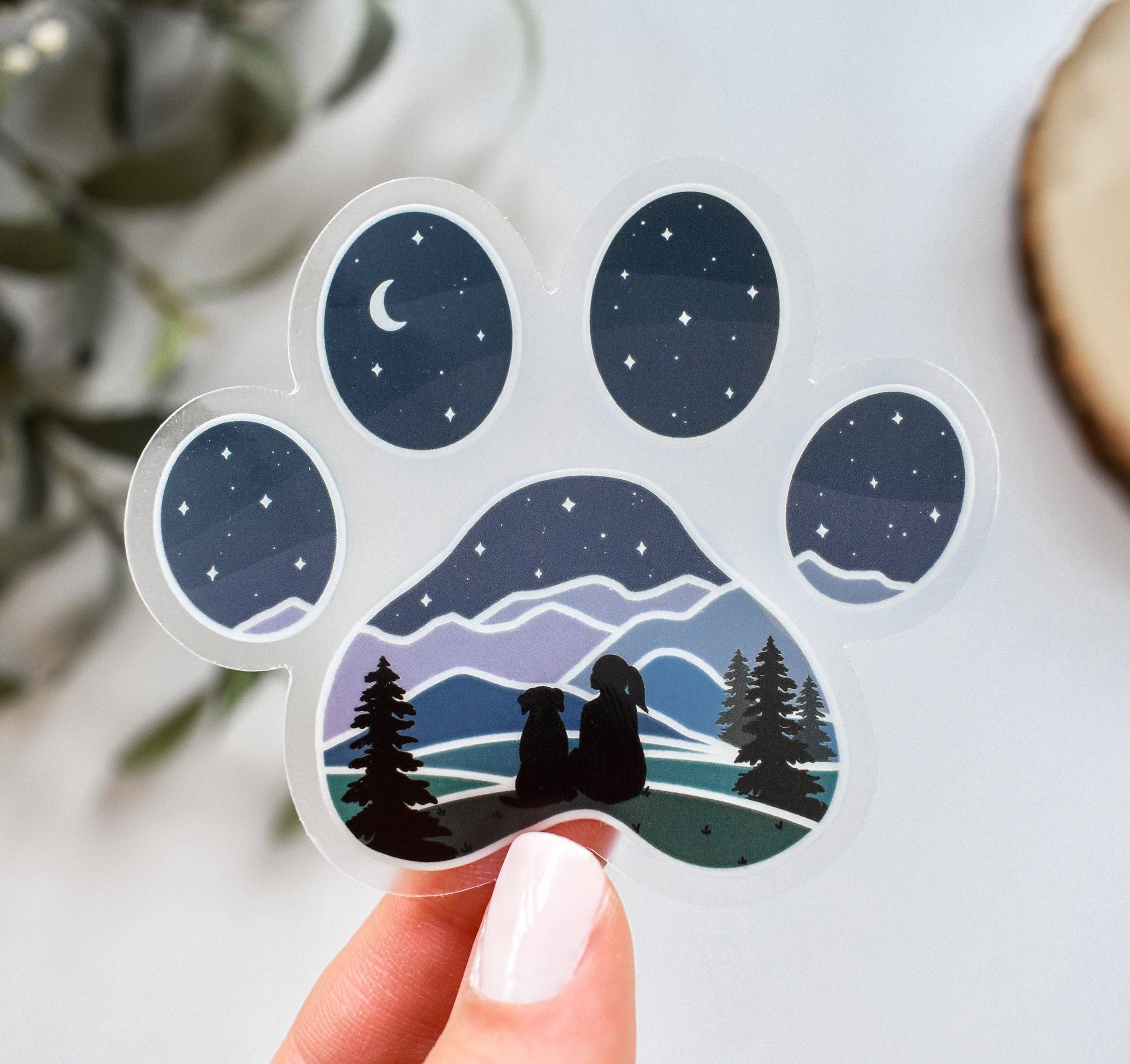 Wild Peonies Studio - Wholesale Sticker - Dog Paw Print Mountain Girl with Dog Clear Vinyl Sticker1