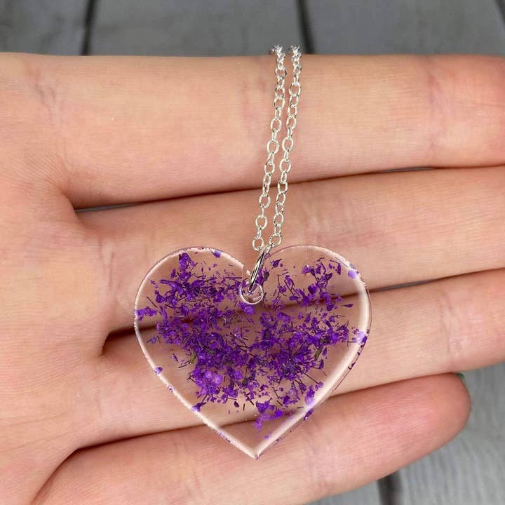 Real Pressed Flower Heart Resin Necklace Purple for wholesale by Panya Jewellery