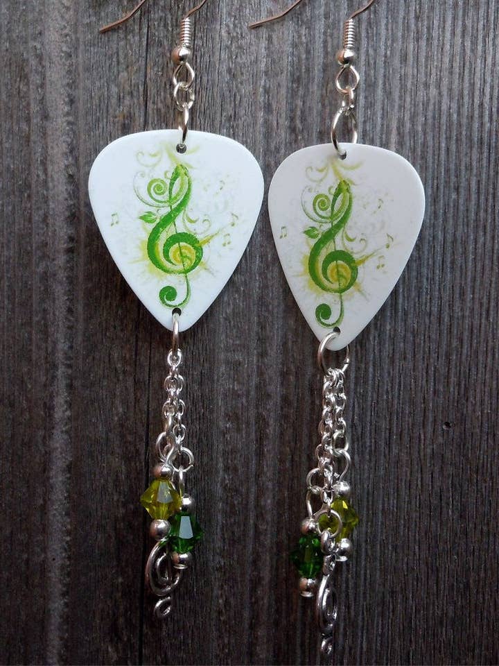 Green G Clef Guitar Pick Earrings with Swarovski Crystals for wholesale by Simply Raevyn