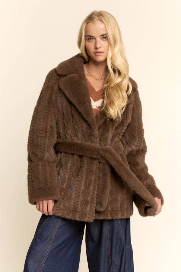 Brown TEXTURED FAUX FUR BELTED COAT for wholesale on Faire