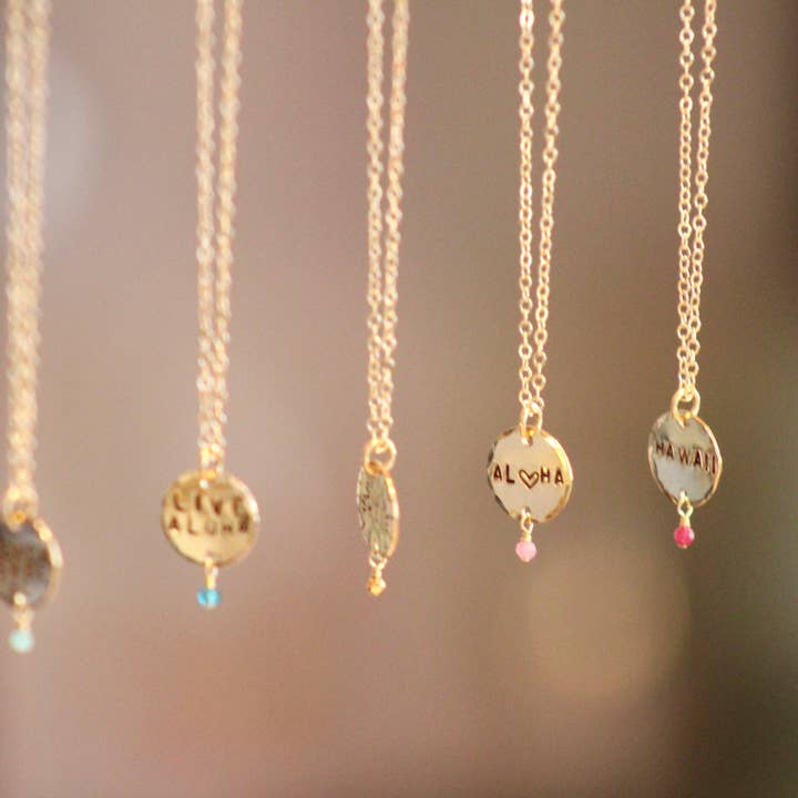 Beach Babe Hawaii - Wholesale Pendant/Charm Necklace - Custom Hand Stamped Coin Necklace with Gemstone3