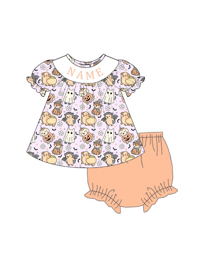 Auraquise - Wholesale Clothing Set - Baby - Girls Halloween Pumpkin Smocked Embroidery Custom Name Dress & Baby Set4