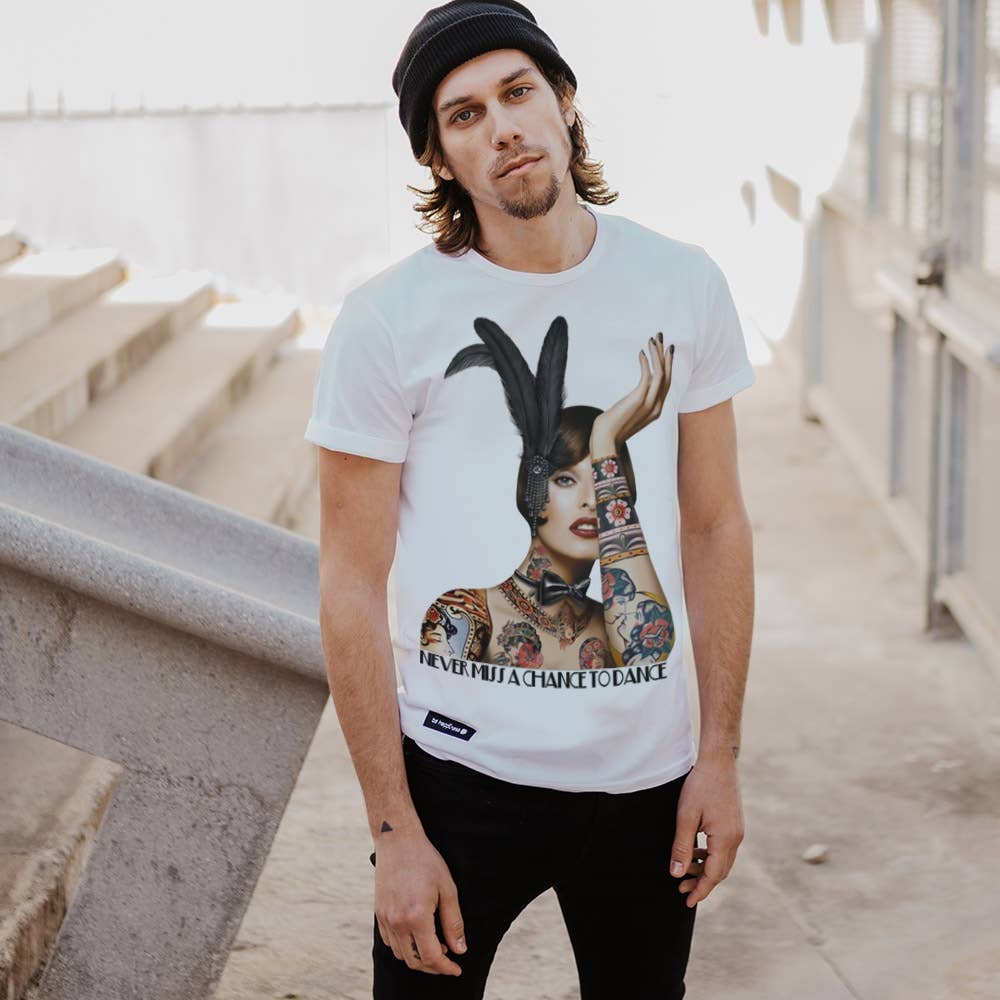 BE HAPPINESS - Wholesale Screen Printed T-Shirt - Unisex - LINDA CABARET WHITE T-SHIRT1