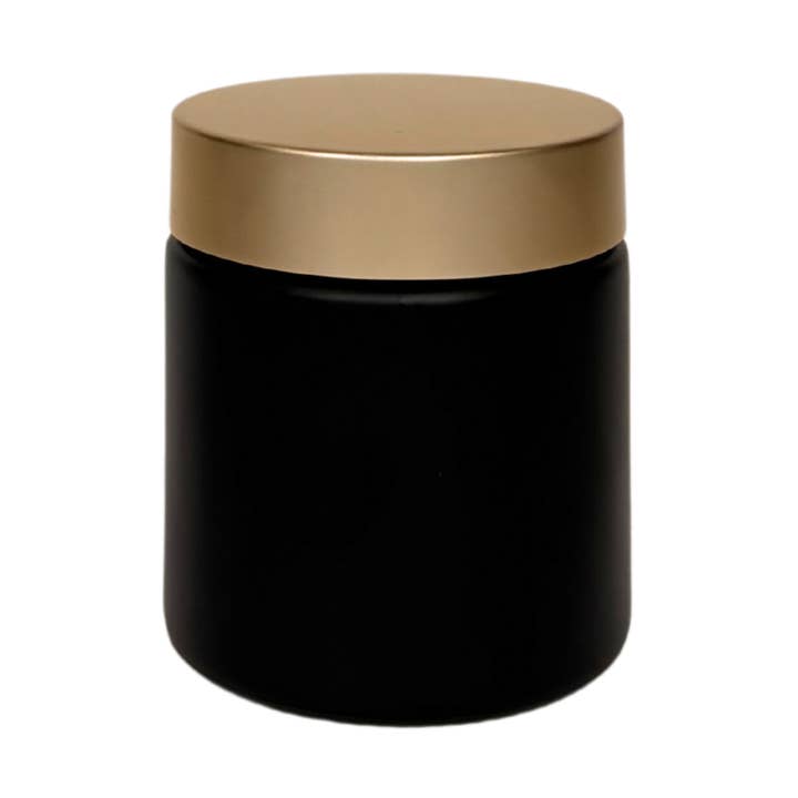 4 Unzen schwarzes mattes Glasgefäß mit geraden Seiten und gebürstetem Golddeckel für den Großhandel von The Bottle Shoppe
