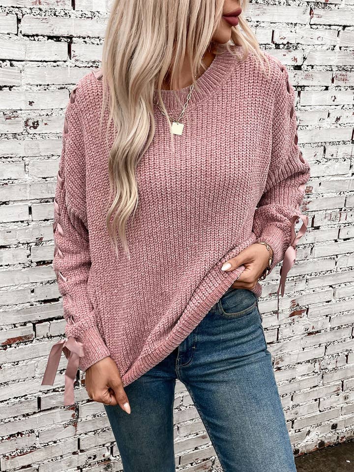 Rosa Clothing - Wholesale Knit Sweater - Women's - Loose-Fitting Casual Lace-Up Long-Sleeved Knit Sweater