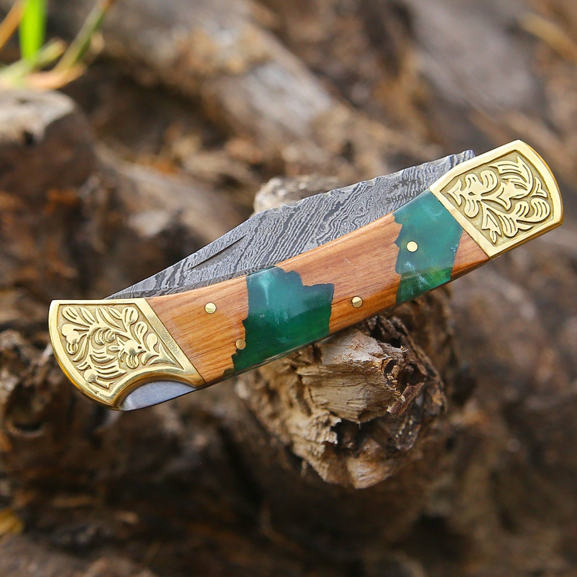 Shokunin USA - Venta al por mayor Cuchillos de bolsillo/Soportes - Navaja de bolsillo Flashblade Damascus EDC con funda de piel5