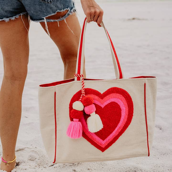 Beige Canvas Beating Heart Chenille Beach Bag Tote for wholesale on Faire3