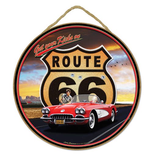 SJT Enterprises, Inc. - Wholesale Sign - Route 66 - guy red corvette 10" round wood plaque, sign -