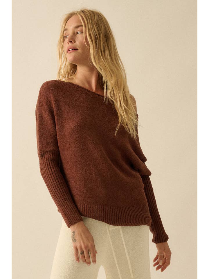 Promesa USA - Wholesale Knit Sweater - Women's - Textured Knit One-Shoulder Boatneck Dolman Sweater8