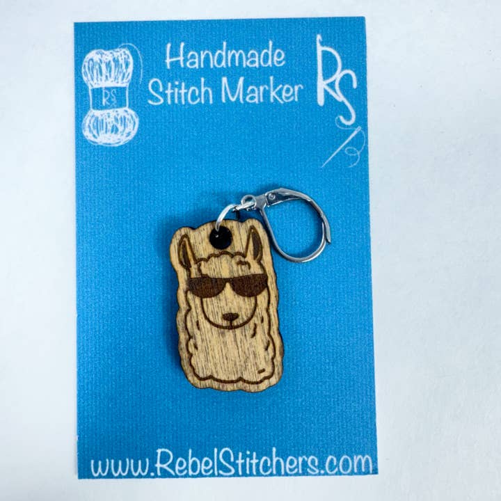 Art by Erica H & Rebel Stitchers - Wholesale Knitting/Crochet Supplies - Handmade Wooden Alpaca Wearing Sunglasses Stitch Marker2