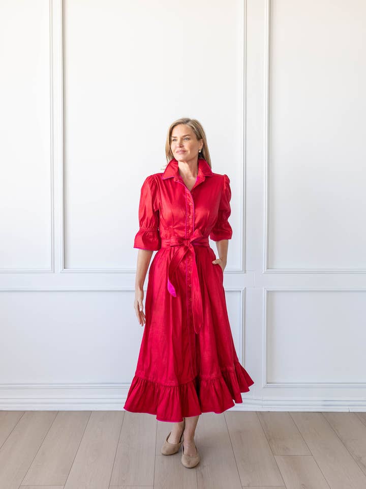 Damen-Midikleid mit rotem und rosa Rüschen-Saum und Schleife für den Großhandel von Kim Lolley Designs