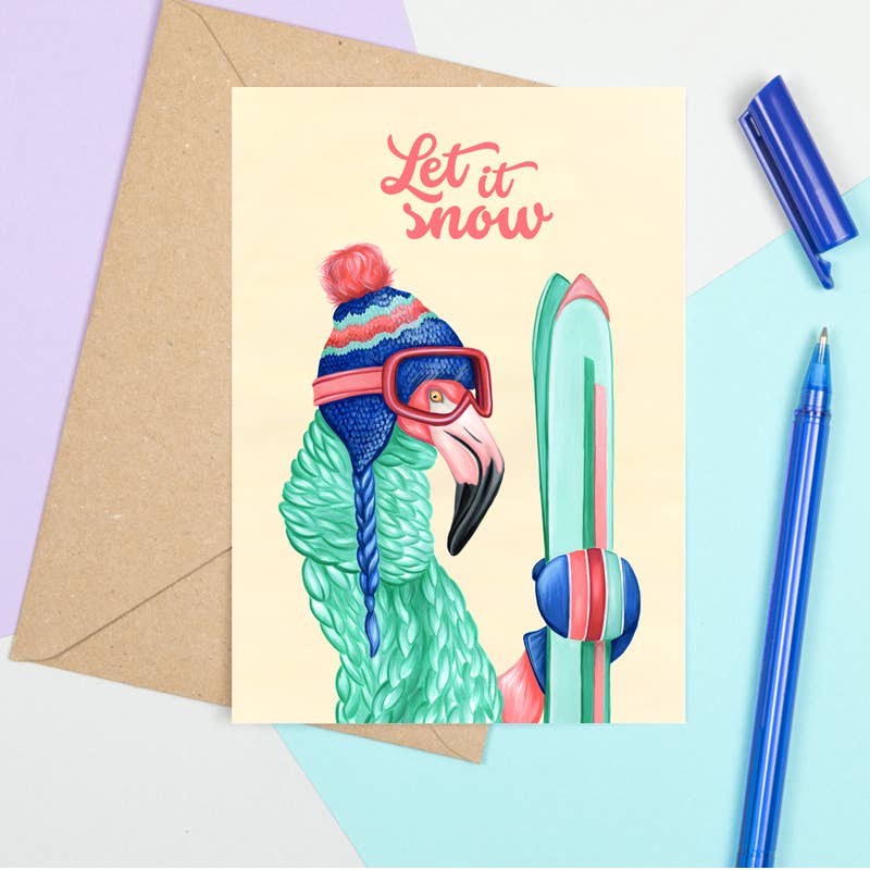 Sardines Studio - Wholesale Christmas Card - Flamingo skier Greeting Card2
