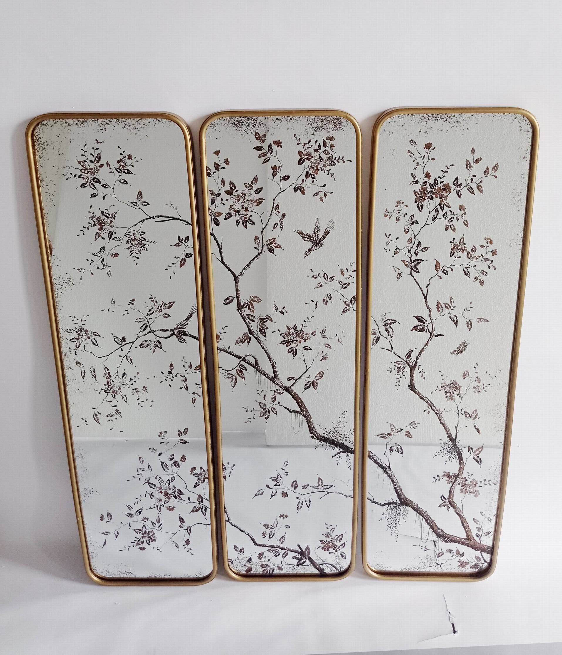 Originals International Ltd - Wholesale Wall Mirror - Antiqued Botanical Mirror Trio – Bird & Blossom Panel Set1