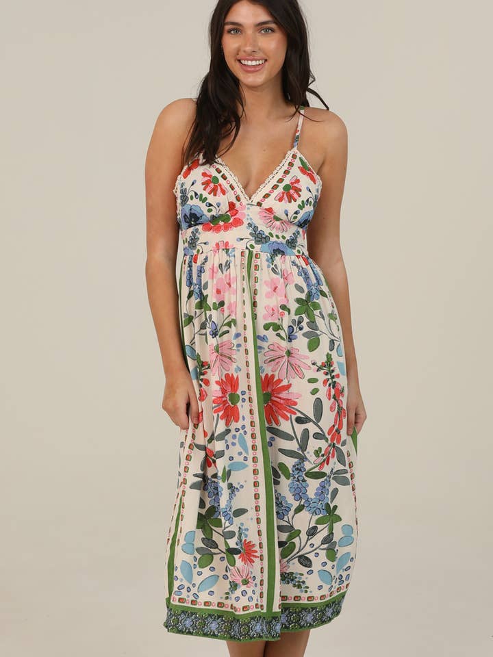 C4K61-AA03 V NECK LACE TRIM PRINTED MIDI DRESS for wholesale by ANGIE