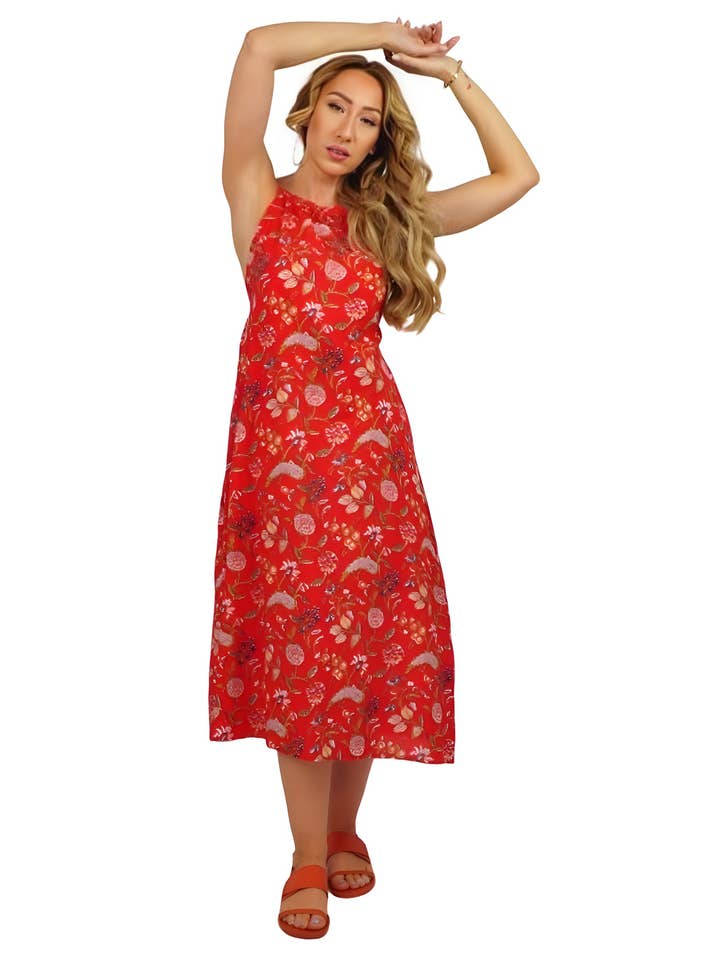 Handgemaakte midi-slip-jurk met open rug en bloemen voor wholesale door Kalimera Clothing Athens