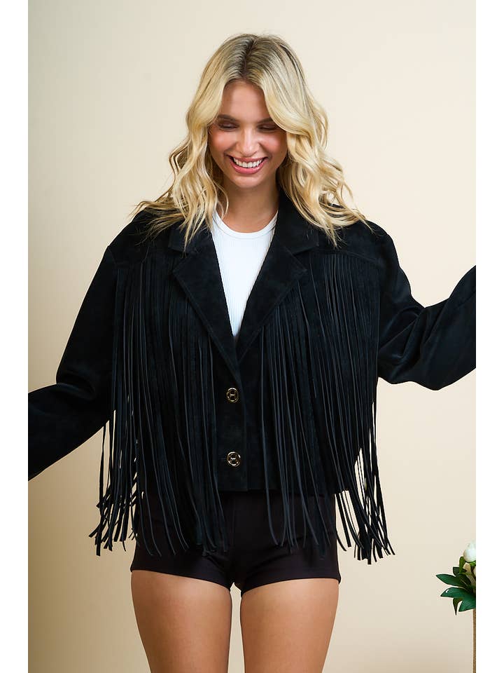 Hesperus - Wholesale Jacket - Women's - SUEDE LONG SLEEVE BUTTON DOWN COLLAR FRINGE JACKET2