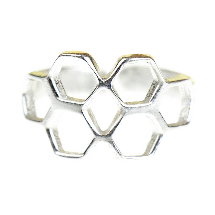 Honeycomb Adjustable Brass Ring, Silver Hue, PACK OF 3 for wholesale by Global Crafts