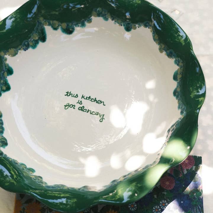 Hand-painted "this kitchen is for dancing" Scalloped Pasta Bowl for wholesale by Caitlin Rounds Antiques