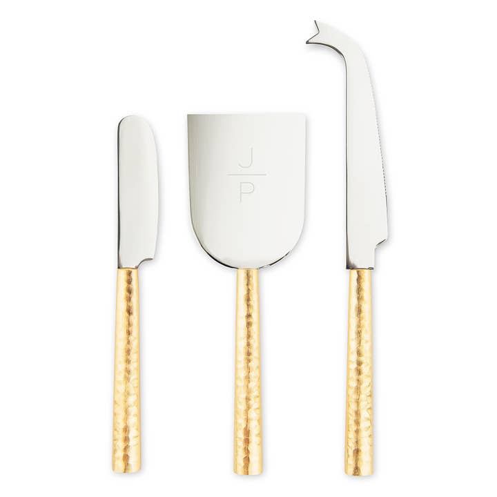 3-Piece Gold Handled Cheese Knife Set - Stacked Monogram for wholesale by Weddingstar Inc.