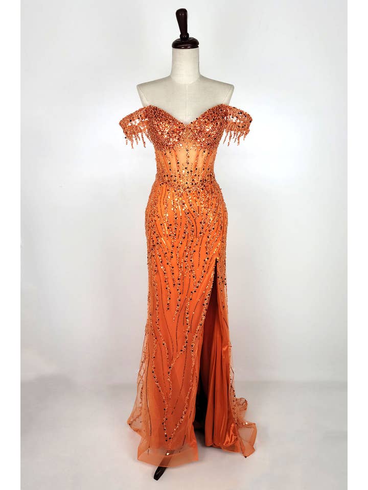 Chicas - Wholesale Gown - Women's - Off the Shoulder Sequin and Bead Long Dress C3317