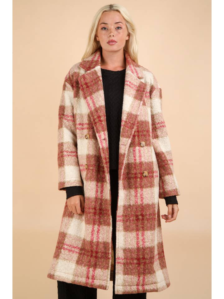 VERY J - Wholesale Coat - Women's - NJ90324X-PLUS SIZE Plaid Soft Fuzzy Button Down Long Coat