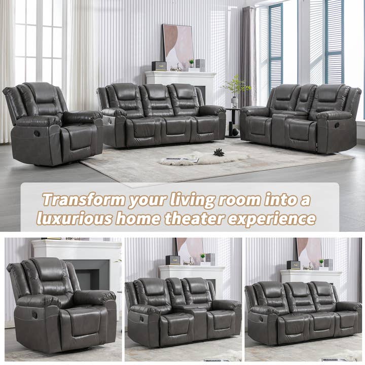 Orange County Decor - Wholesale Chair - 360 Swivel And Rocking Home Theater Recliner Manual Recliner Chair With Wide Armrest For Living Room,Bedroom, Grey Grey Foam Pu12