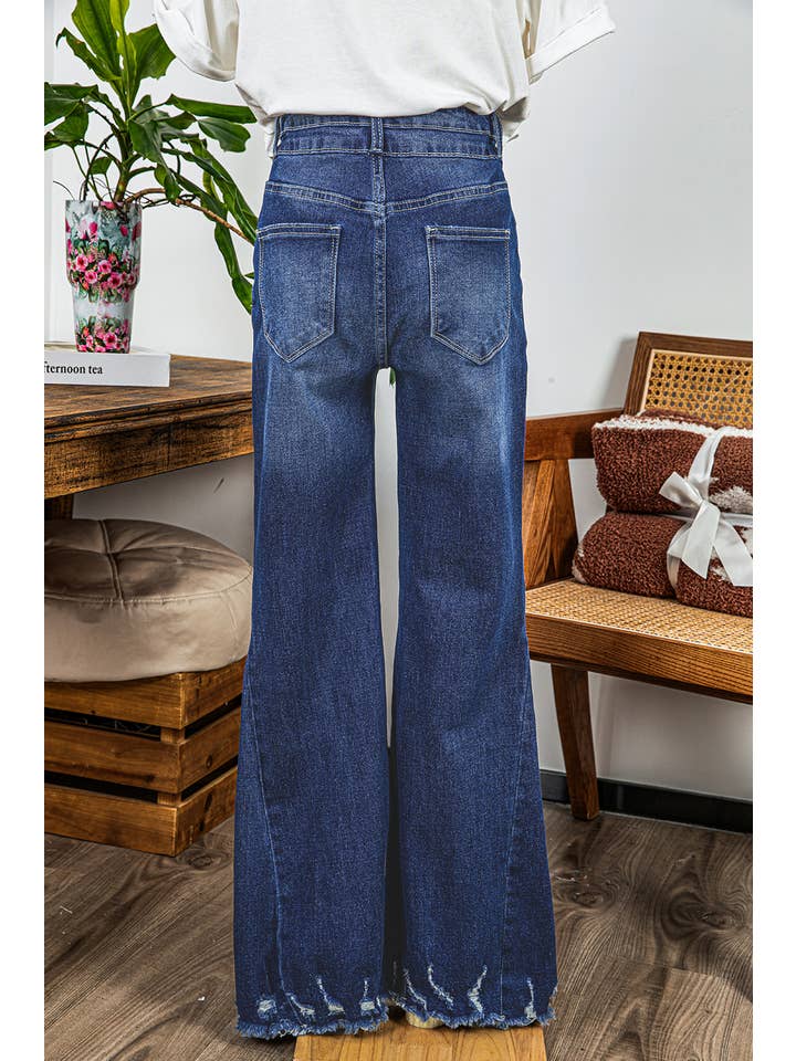 As shown High Rise Dual Button Distressed Raw Hem Flared Jeans*4-16 for wholesale on Faire