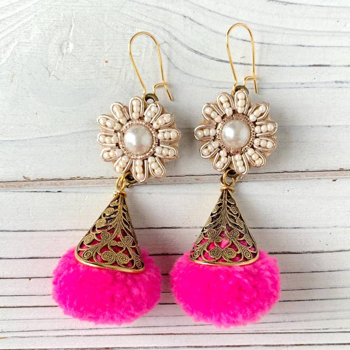Pink Pom Pom Statement Earrings for wholesale by Lenora Dame