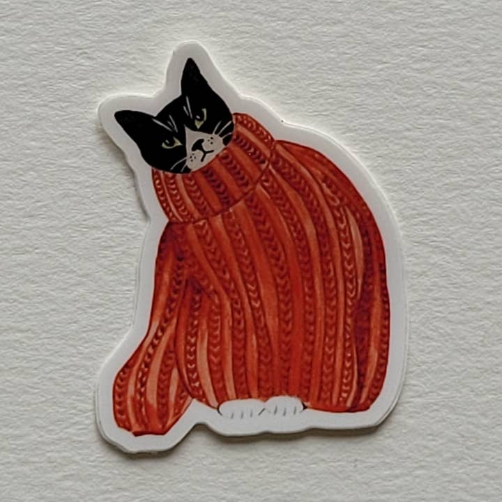 Water resistant vinyl sticker - Red knit cat for wholesale by Melissa Charette Laganiere