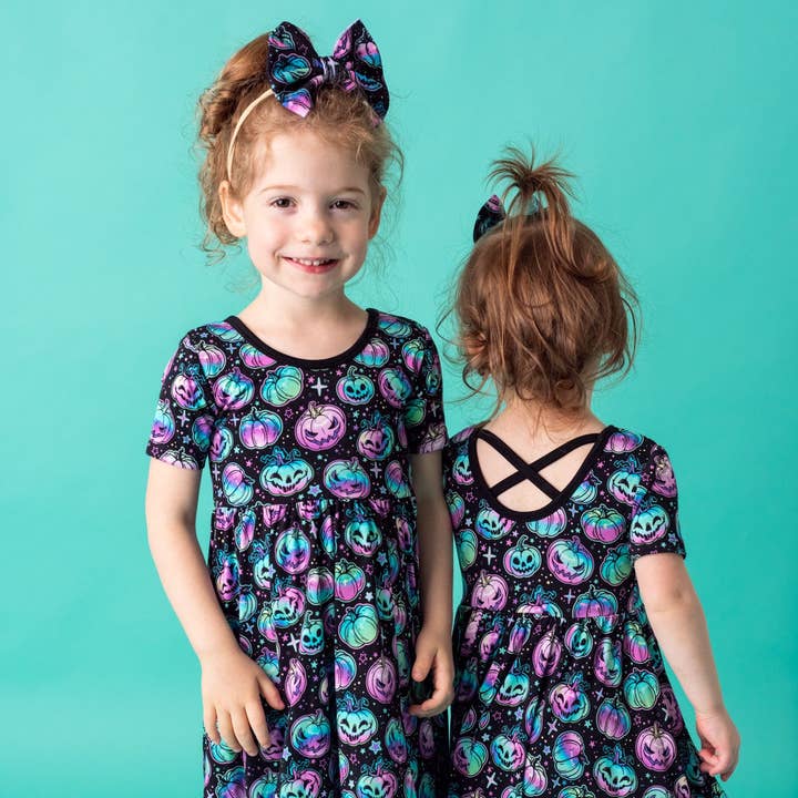 Halloween | Starlight Pumpkins | Toddler & Girls Bamboo Ruffle Twirl Dress for wholesale by Little Popp Crew