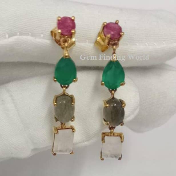Multi Gemstone Sterling Silver Dangle Drop Earrings for wholesale by Rishi Jewelry