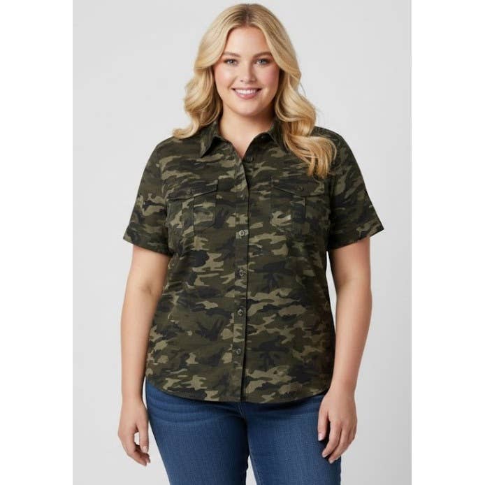 PLUS SIZE CAMO COLLARED BUTTON DOWN SHORT SLEEVE JACKET for wholesale by Curve Market