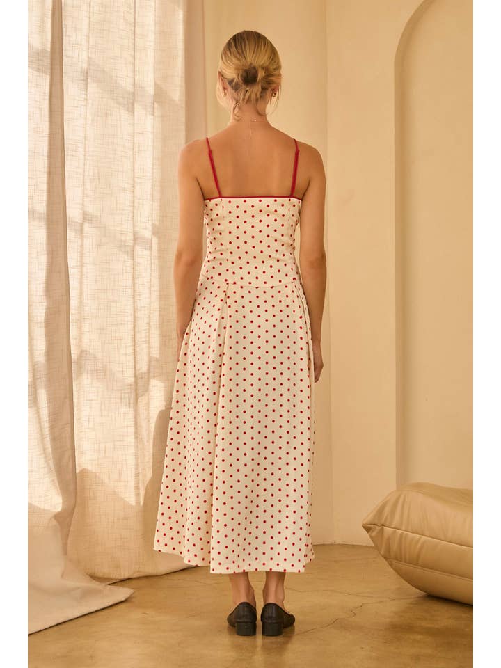 Weiß-Rot Ärmelloses Midikleid mit Polka-Dots und kontrastierenden Paspeln für den Großhandel auf Faire5