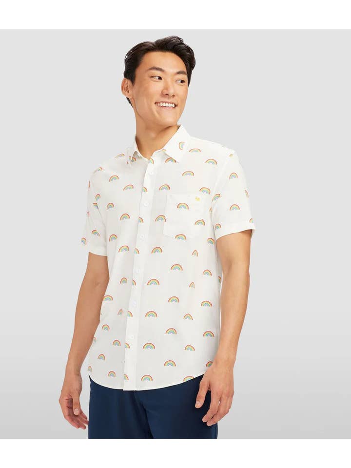 Tipsy Elves - Wholesale Button Down Shirt - Unisex - White Rainbow All The Way Hawaiian Shirt - Pride Button Down