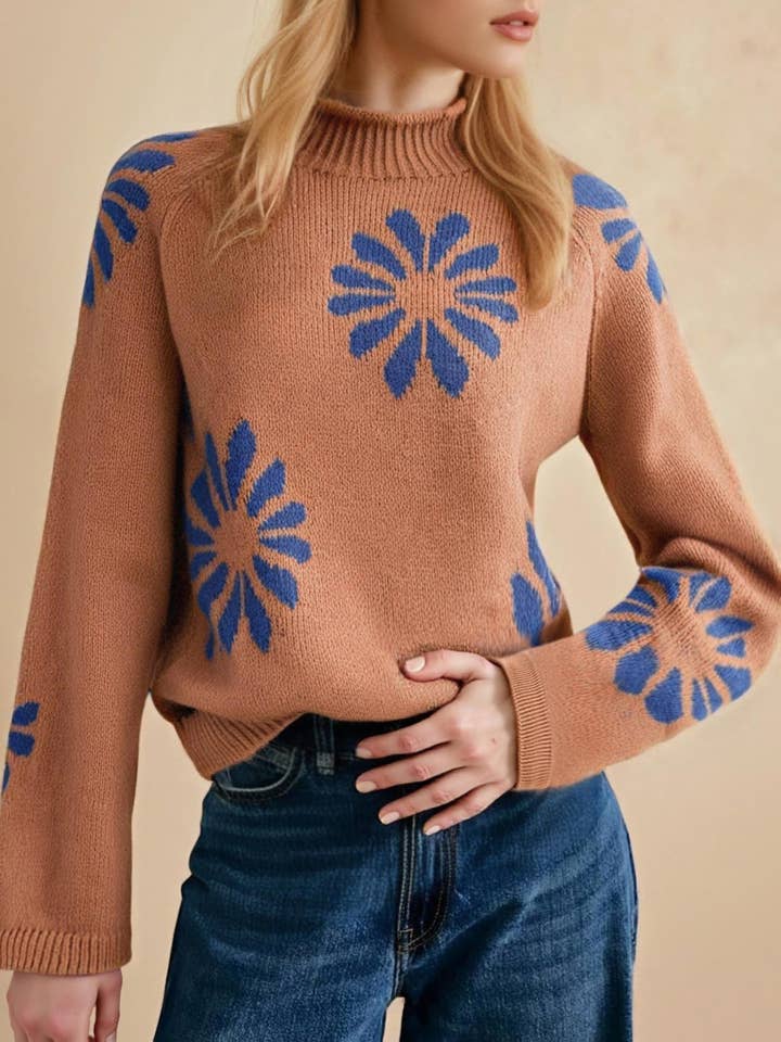 Brown Casual Flower Contrasting Knitted Sweater for wholesale on Faire
