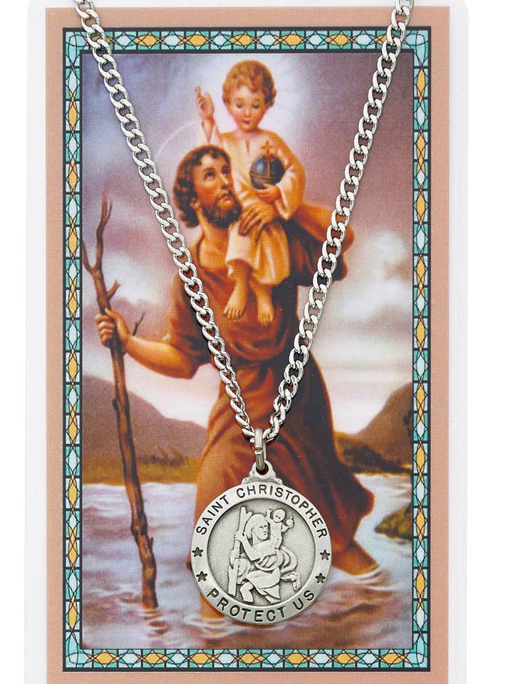 Catholic Religious Men's Pewter Necklace St. Christopher for wholesale by Hail Mary Gifts