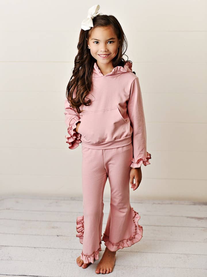 Kids Dusty Pink Hooded Ruffle Pocket Fall Winter Lounge Set for wholesale by Oopsie Daisy
