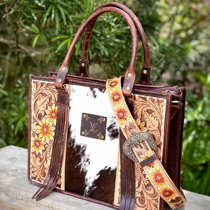 Upcycled Tooled Leather Cowhide Tote Crossbody Bag Western for wholesale by Southern Junkie Gypsy Boutique