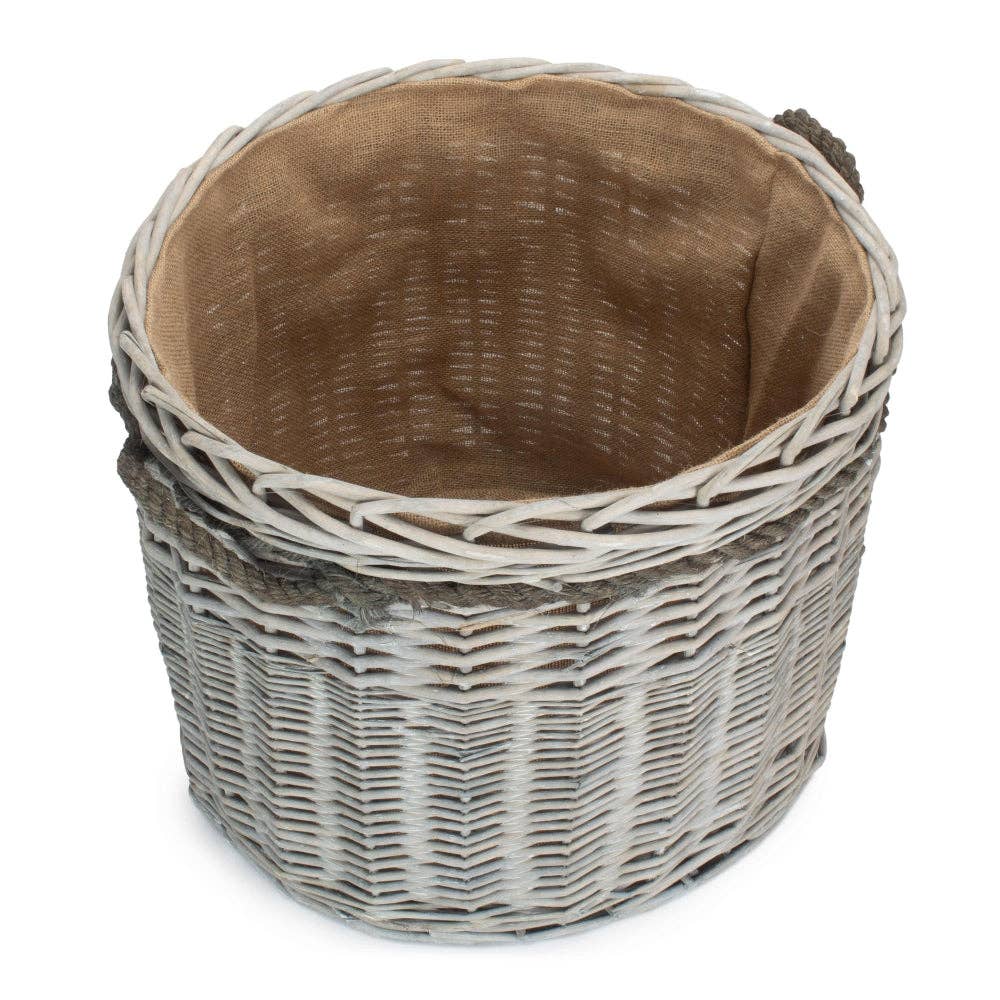 Red Hamper - Wholesale Basket - Wicker Grey Wash Round Hessian Lined Log Basket0
