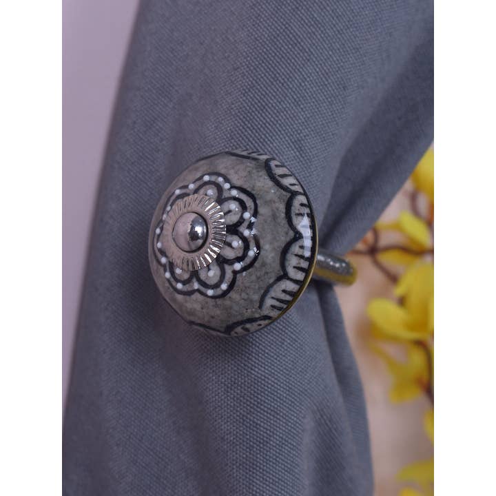 KNOBCO - Wholesale Knob/Pull - Gray Color Handmade Decorative Ceramic Flower Curtain Tie Back Hook Rustic Bathroom Towel Hook Antique Hook (Set of 2)