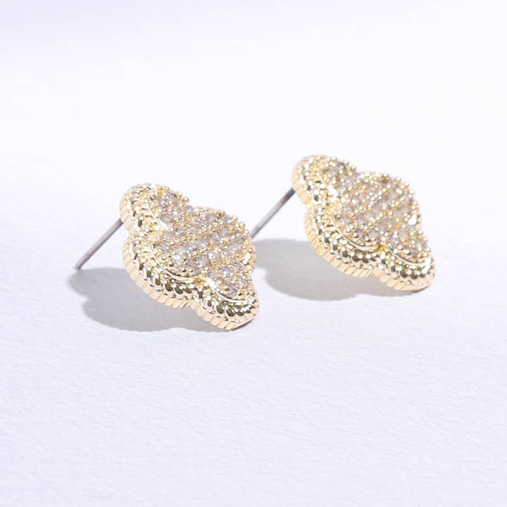 MULTI Gold Plated CZ Clover Two-Tone Post Earrings for wholesale on Faire
