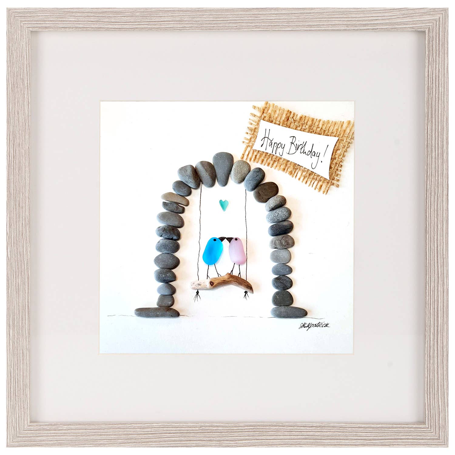 UrchinArtworks – wholesale Wall decor – Kids & Baby – Love Swing - Sea Glass, Driftwood & Pebble Picture - Framed 3